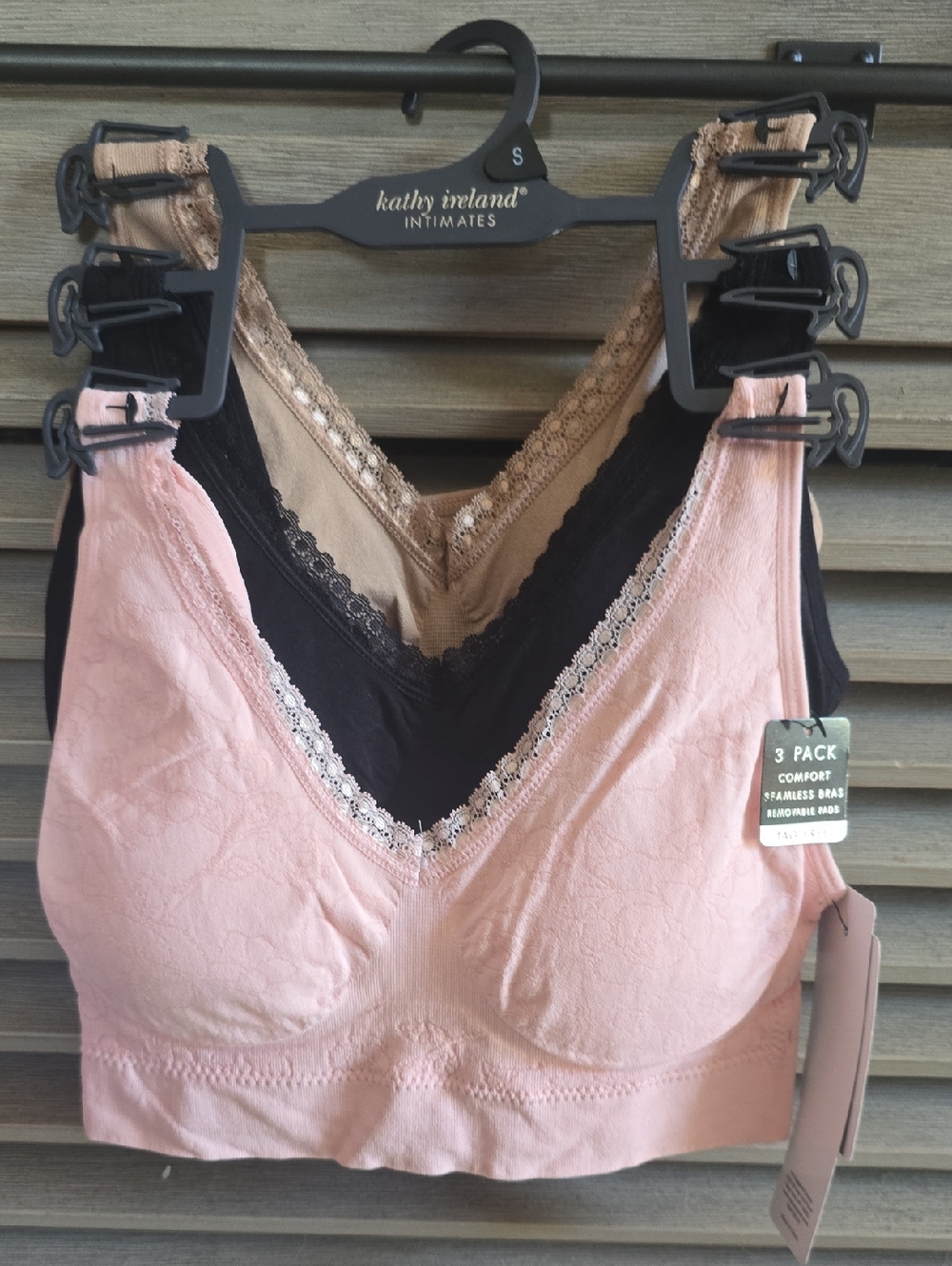 kathy ireland 3-Pack Seamless Lace-Trim Bras - Pink, Black, Tan